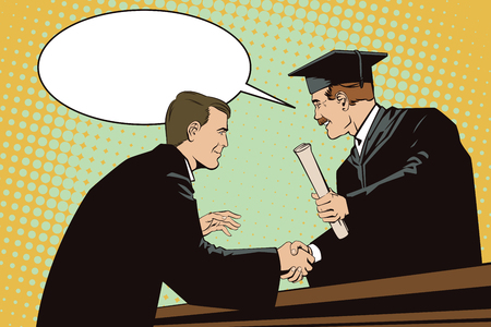 Stock illustration. People in retro style pop art and vintage advertising. Teacher presents diploma student.のイラスト素材