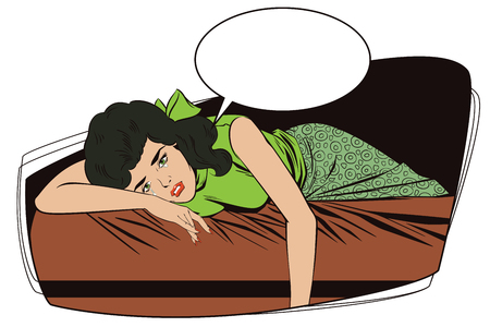 Stock illustration. People in retro style pop art and vintage advertising. Broken heart. Girl lies on bed and crying.のイラスト素材