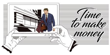 Stock illustration. People in retro style pop art and vintage advertising. Time to make money. Businessman goes to work. Picture in mobile tablet.のイラスト素材