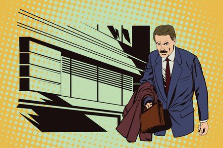 Stock illustration. People in retro style pop art and vintage advertising. Time to make money. Businessman goes to work.のイラスト素材