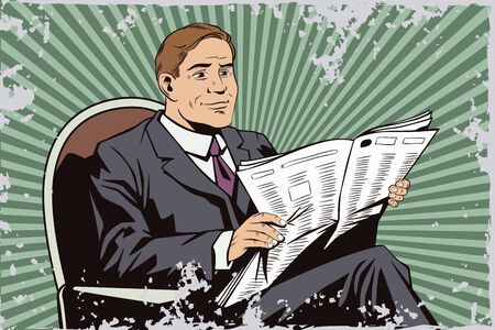 Stock illustration. People in retro style pop art and vintage advertising. Businessman reads newspaper.のイラスト素材