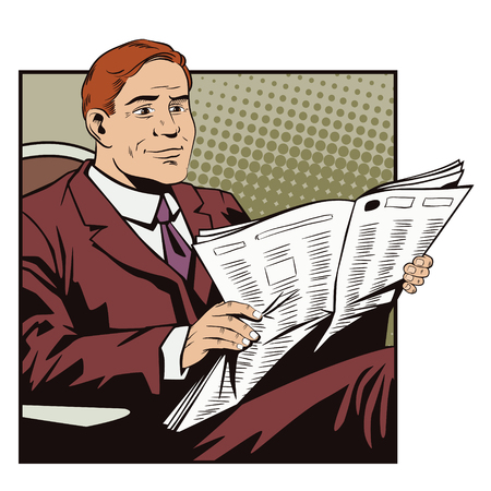 Stock illustration. People in retro style pop art and vintage advertising. Businessman reads newspaper.のイラスト素材