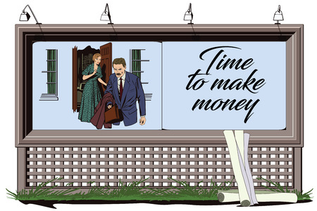 Stock illustration. People in retro style pop art and vintage advertising. Time to make money. Businessman goes to work. Poster for your brand.のイラスト素材