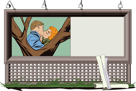 Stock illustration. People in retro style pop art and vintage advertising. Kiss of a loving couple. Poster for your brand.のイラスト素材