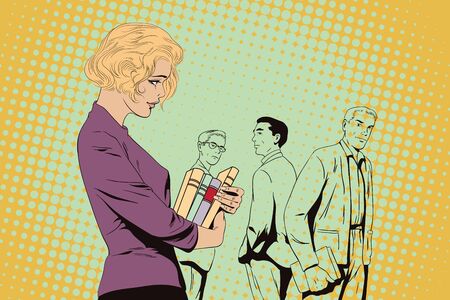 Stock illustration. People in retro style pop art and vintage advertising. Welcome to school. Back to school. Beautiful girl going to school. Guys look at her.のイラスト素材