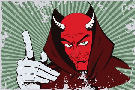 Stock illustration. People in retro style pop art and vintage advertising. Satan reminds about...