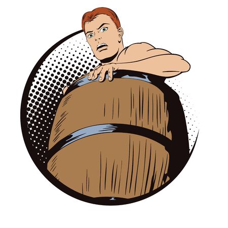 Stock illustration. People in retro style pop art and vintage advertising. Naked man inside a barrel. Ruin and debts.のイラスト素材