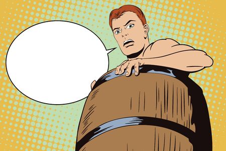 Stock illustration. People in retro style pop art and vintage advertising. Naked man inside a barrel. Ruin and debts.のイラスト素材