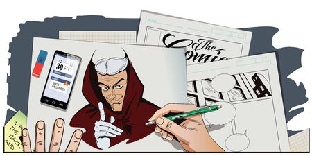 Stock illustration. People in retro style pop art and vintage advertising. Satan reminds about Halloween. Hand paints picture.のイラスト素材