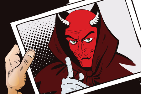 Stock illustration. People in retro style pop art and vintage advertising. Satan reminds about Halloween. Hand with photo.のイラスト素材