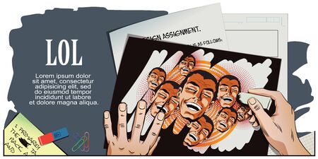 Stock illustration. People in retro style pop art and vintage advertising. Laughing man. Hand paints pictureのイラスト素材