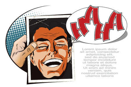 Stock illustration. People in retro style pop art and vintage advertising. Laughing man. Newspaper article.のイラスト素材
