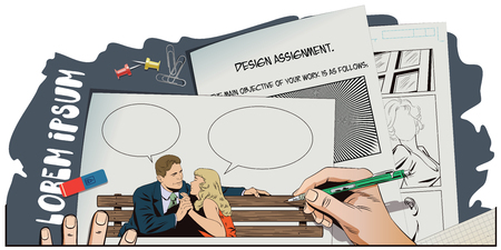 Stock illustration. People in retro style pop art and vintage advertising. Loving couple on a bench. Hand paints picture.のイラスト素材