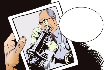 Stock illustration. People in retro style pop art and vintage advertising. Scientist with microscope. Hand with photo.のイラスト素材