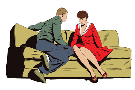 Stock illustration. People in retro style pop art and vintage advertising. Young couple sitting on couch and talking.のイラスト素材