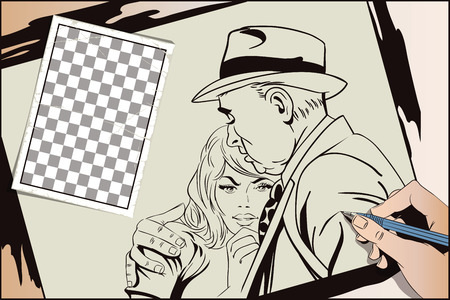 Stock illustration. People in retro style pop art and vintage advertising. Father and daughter, sad young girl resting on her father's shoulder. Hand paints picture.のイラスト素材