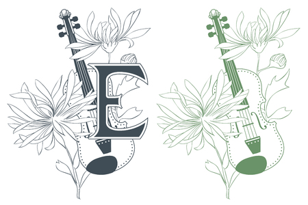 Template for Initial letter. Violin and chrysanthemum.のイラスト素材