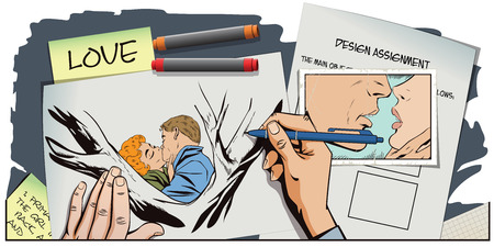 Stock illustration. People in retro style pop art and vintage advertising. Kiss of a loving couple. Hand paints picture.のイラスト素材