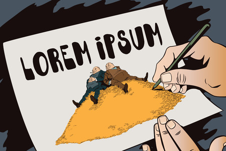 Stock illustration. People in retro style pop art and vintage advertising. Two rich man sitting on a mountain of money. Hand paints picture.のイラスト素材