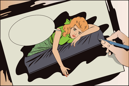 Stock illustration. People in retro style pop art and vintage advertising. Broken heart. Girl lies on bed and crying. Hand paints picture.のイラスト素材