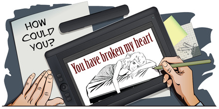 Stock illustration. People in retro style pop art and vintage advertising. Broken heart. Girl lies on bed and crying. Hand paints picture on tablet.のイラスト素材