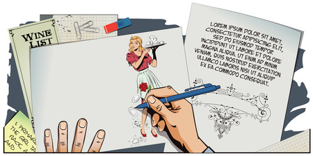 Stock illustration. People in retro style pop art and vintage advertising. Waitress with breakfast. Hand paints picture.のイラスト素材