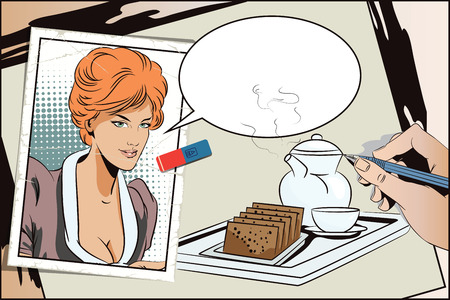 Stock illustration. People in retro style pop art and vintage advertising. Hand paints picture. Girl waitress with breakfast.のイラスト素材