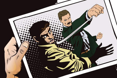 Stock illustration. People in retro style pop art and vintage advertising. Fight of two men. Hand with photo.のイラスト素材