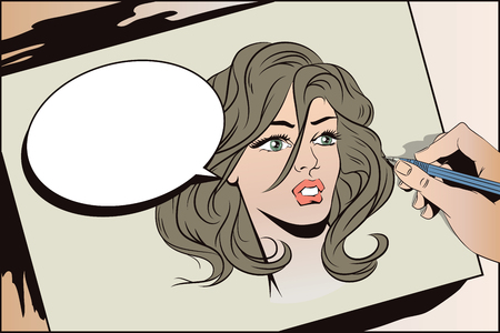 Stock illustration. People in retro style pop art and vintage advertising. Hand paints picture. Portrait girl.のイラスト素材