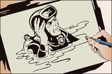 Stock illustration. People in retro style pop art and vintage advertising. Hand paints picture. Diver.のイラスト素材
