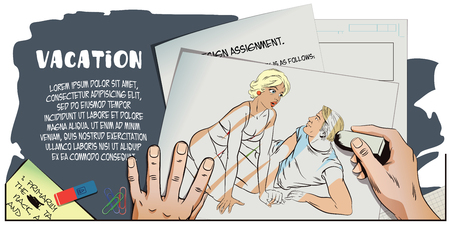 Stock illustration. People in retro style pop art and vintage advertising. Girl and guy on beach. Romantic declaration of love. Hand paints picture.のイラスト素材