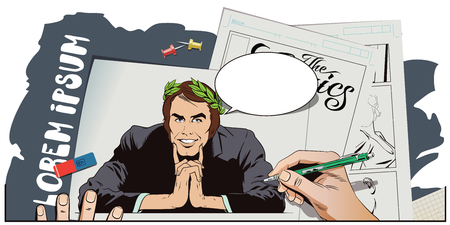 Stock illustration. People in retro style. Presentation template. Successful man in a laurel wreath. Hand paints picture.のイラスト素材