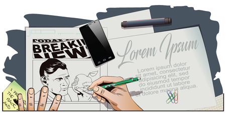 Stock illustration. People in retro style. Presentation template. Man eating an apple. Hand paints picture.のイラスト素材