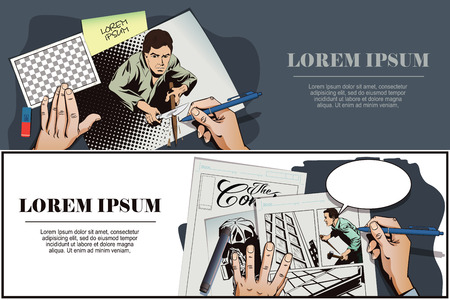 Stock illustration. People in retro style pop art and vintage advertising. Vampire Hunter. Are you ready for Halloween? Hand paints picture.のイラスト素材