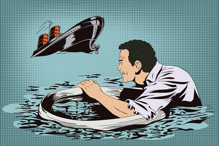 Stock illustration. People in retro style pop art and vintage advertising. Man on lifebuoy. Shipwreck. Business collapse.のイラスト素材