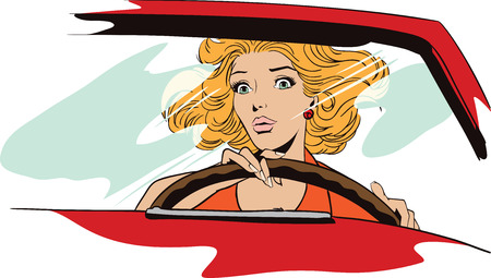 Stock illustration. People in retro style pop art and vintage advertising. Frightened woman driving a car.のイラスト素材