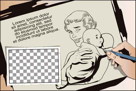 Stock illustration. People in retro style pop art and vintage advertising. Woman with a baby. Hand paints picture.のイラスト素材