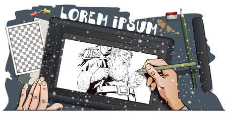 Stock illustration. People in retro style. Presentation template. Santa Claus with a bag full of presents. Hand paints picture on tablet.のイラスト素材