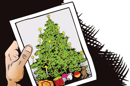 Stock illustration. People in retro style. Presentation template. Christmas tree with gifts. Hand with photo.のイラスト素材