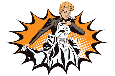 Stock illustration. People in retro style. Presentation template. Girl looking wedding gown.のイラスト素材