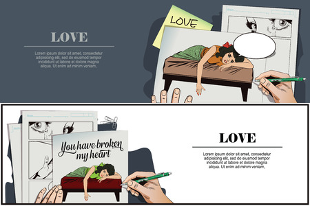Stock illustration. People in retro style pop art and vintage advertising. Broken heart. Girl lies on bed and crying. Hand paints picture.のイラスト素材