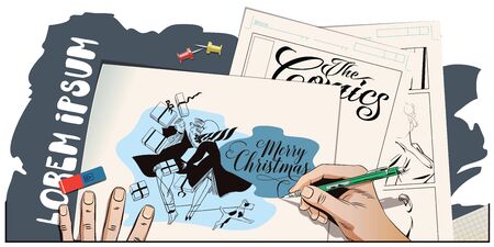 Stock illustration. People in retro style. Presentation template. Girl and man tangled in dog's leash. Holiday sales. Hand paints picture.のイラスト素材