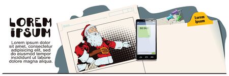 Stock illustration. People in retro style. Presentation template. Santa Claus with a bag full of presents. Advertising your products.のイラスト素材