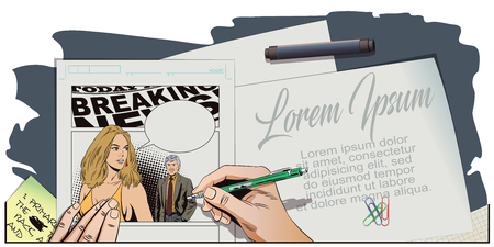 Stock illustration. People in retro style. Presentation template. Girl looks back at man. Hand paints picture.のイラスト素材