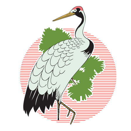 Stock illustration. Japanese grus on a background of sun.のイラスト素材