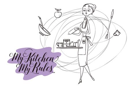 Stock illustration. Woman in kitchen. Cooking.The trend calligraphy. Quote My kitchen, my rules.のイラスト素材