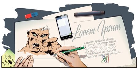 Stock illustration. People in retro style. Presentation template. Rage men screaming. Hand paints picture.のイラスト素材