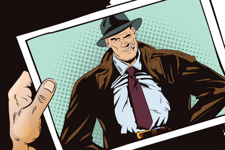 Stock illustration. People in retro style. Presentation template. Confident a private detective. Retro dressed investigator. Hand with photo.のイラスト素材