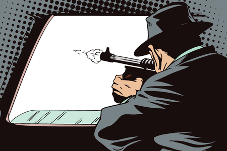 Stock illustration. People in retro style pop art and vintage advertising. Gangster shoots out of car window.のイラスト素材