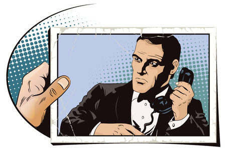 Stock illustration. People in retro style. Presentation template. Secret agent on a mission. Businessman with phone.のイラスト素材